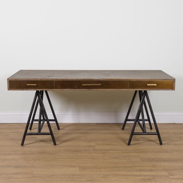 A HARDWOOD THREE DRAWER WRITING DESK