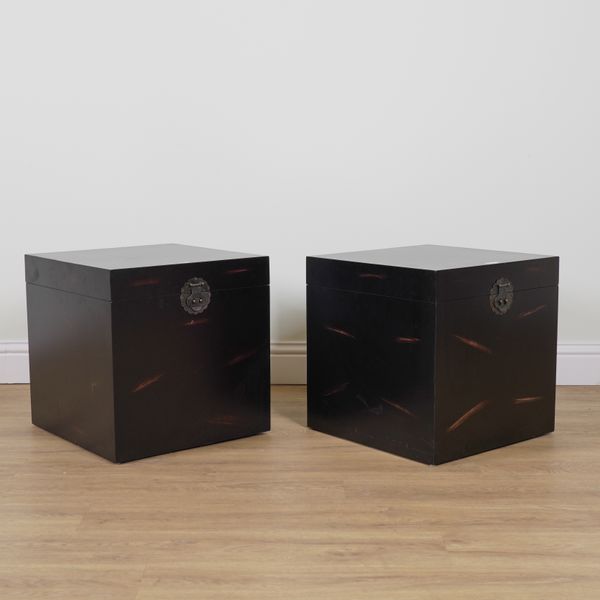 A PAIR OF HARDWOOD LIFT TOP SQUARE BOXES (2)