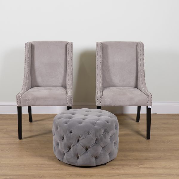 LIBRA; A PAIR OF GREY SUEDE UPHOLSTERED SIDE CHAIRS (3)