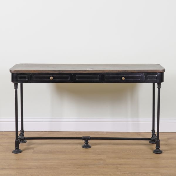 A BLACK PAINTED METAL AND HARDWOOD TWO DRAWER SIDE TABLE