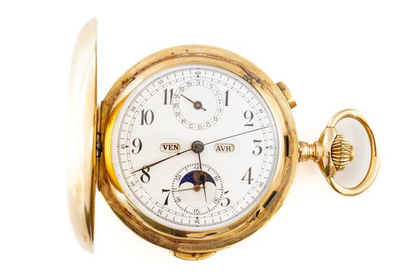 A GENTLEMAN'S GOLD CASED KEYLESS WIND, HUNTING CASED, MINUTE REPEATING CALENDAR CHRONOGRAPH POCKET WATCH