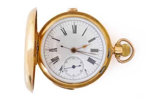 A GOLD KEYLESS WIND, HUNTING CASED, QUARTER REPEATING, CENTRE STOP SECONDS GENTLEMAN'S POCKET WATCH