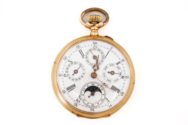 A GOLD CASED, KEYLESS WIND, OPENFACED GENTLEMAN'S CALENDAR POCKET WATCH