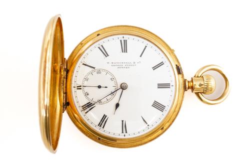AN 18CT GOLD CASED, KEYLESS WIND, HUNTING CASED GENTLEMAN'S POCKET WATCH