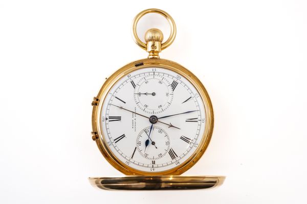 AN 18CT GOLD CASED, KEYLESS WIND, HUNTING CASED, RATTRAPANTE GENTLEMAN'S POCKET CHRONOGRAPH