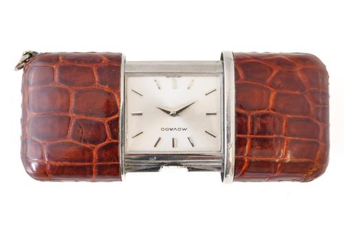 A MOVADO LEATHER CASED BASE METAL CASED RECTANGULAR PURSE WATCH