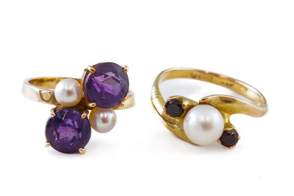 TWO GOLD, CULTURED PEARL AND GEMSTONE SET RINGS (2)