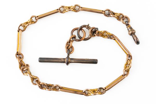 A GOLD BAR AND KNOT LINK WATCH ALBERT CHAIN