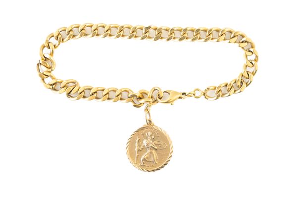 A GOLD FACETED CURB LINK BRACELET WITH A GOLD ST CHRISTOPHER PENDANT (2)