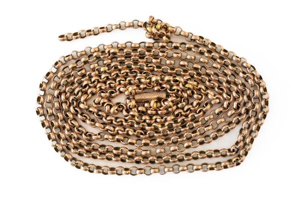 A GOLD CIRCULAR LINK LONG GUARD CHAIN