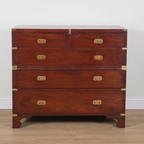 A BRASS BOUND MAHOGANY TWO PART CAMPAIGN STYLE FIVE DRAWER CHEST