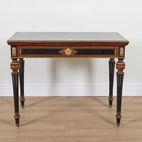 A 19TH CENTURY FRENCH GILT METAL MOUNTED EBONISED MAHOGANY RECTANGULAR FOLDOVER CARD TABLE