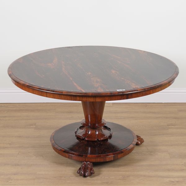 A VICTORIAN ROSEWOOD SNAP TOP CIRCULAR CENTRE TABLE