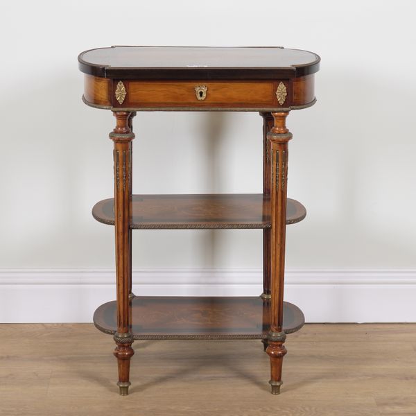 A LATE 19TH CENTURY FRENCH MARQUETRY INLAID MAHOGANY AND WALNUT THREE TIER ETAGERE