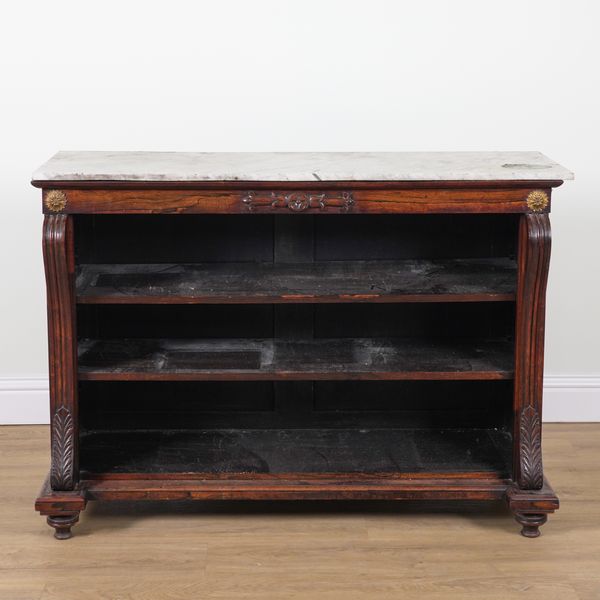 A REGENCY MARBLE TOPPED ROSEWOOD FLOORSTANDING OPEN BOOKCASE