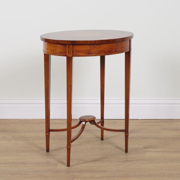 A 18TH CENTURY STYLE MARQUETRY INLAID YEW WOOD OVAL OCCASIONAL TABLE