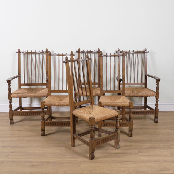 A SET OF SIX 20TH CENTURY OAK AND ASH STICK BACK DINING CHAIRS (6)