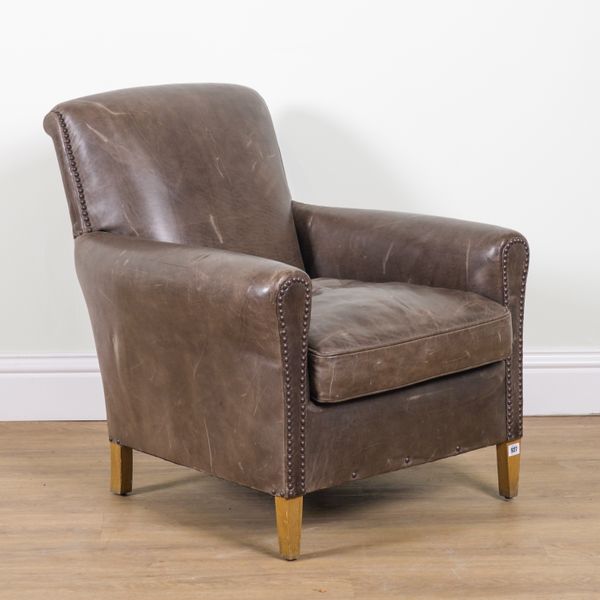 A GREEN LEATHER UPHOLSTERED FRENCH CLUB CHAIR