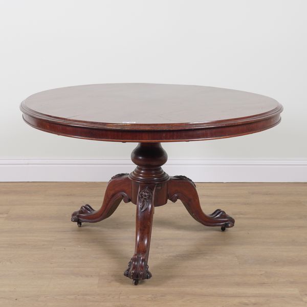 A VICTORIAN MAHOGANY CIRCULAR SNAP TOP BREAKFAST TABLE