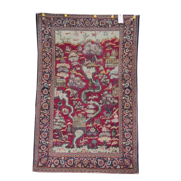 A KASHAN PART SILK PICTORIAL RUG PERSIAN