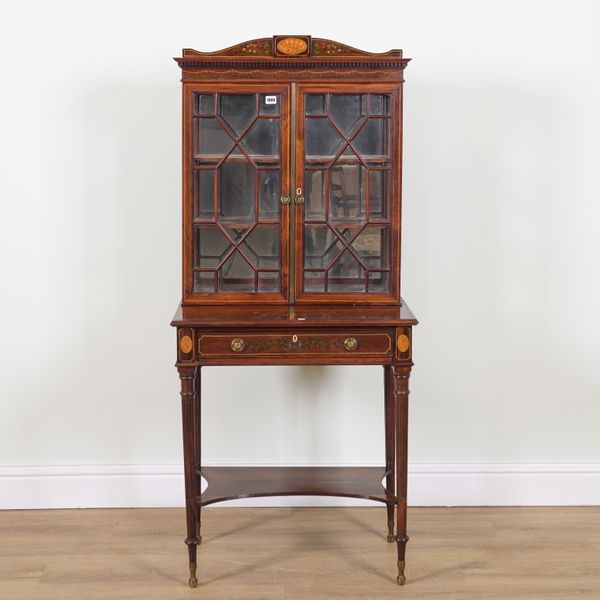 A REGENCY ROSEWOOD POLYCHROME PAINTED INLAID DISPLAY CABINET ON STAND