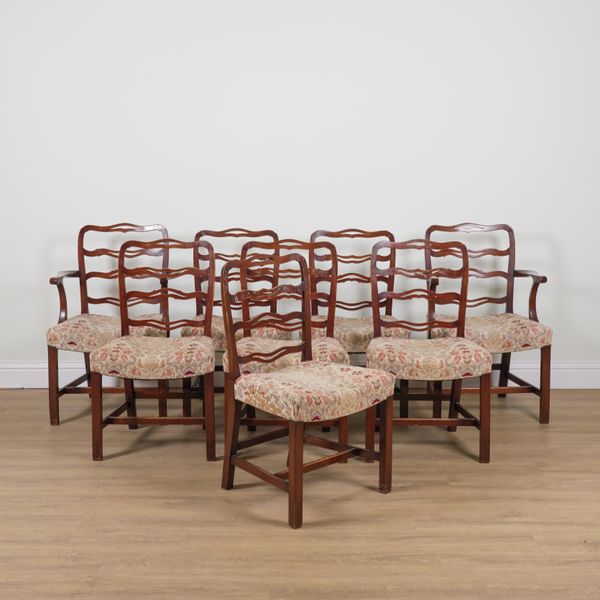 A SET OF EIGHT 18TH CENTURY STYLE MAHOGANY WAVY LADDERBACK DINING CHAIRS (8)