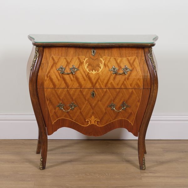 A SMALL LOUIS XV STYLE GILT METAL MOUNTED PARQUETRY INLAID MAHOGANY BOMBE TWO DRAWER COMMODE