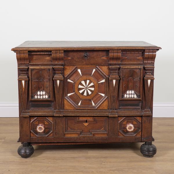 A CHARLES II BONE INLAID OAK MULE CHEST