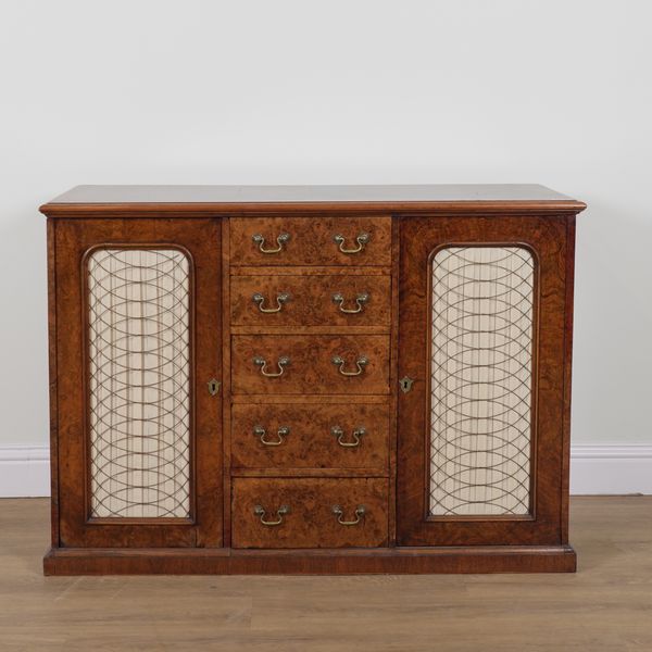 A REGENCY STYLE BURR WALNUT SIDEBOARD