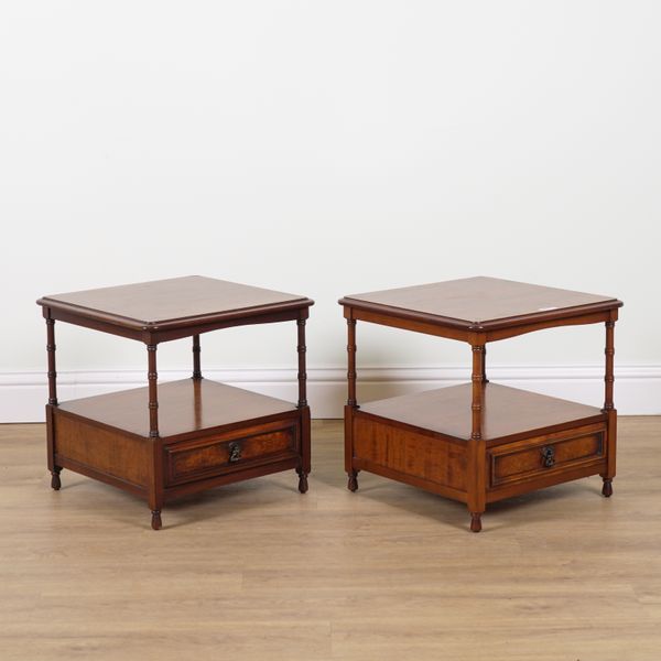 A PAIR OF REGENCY STYLE TWO TIER SINGLE DRAWER SIDE TABLES (2)