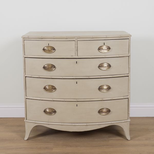 A 19TH CENTURY AND LATER GREY PAINTED BOW FRONT FIVE DRAWER CHEST