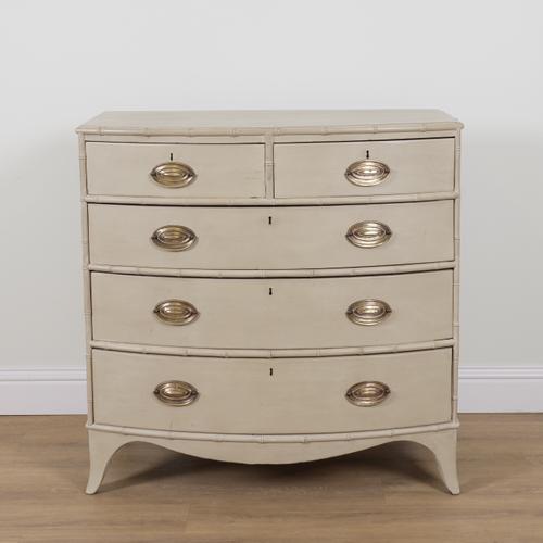 A 19TH CENTURY AND LATER GREY PAINTED BOW FRONT FIVE DRAWER CHEST