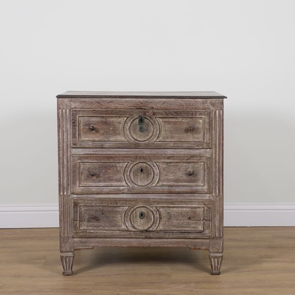 A 19TH CENTURY FRENCH GUSTAVIAN PAINTED OAK THREE DRAWER CHEST