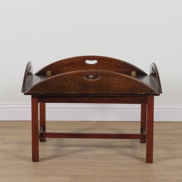 A CAMPAIGN STYLE MAHOGANY FOLDING BUTLERS TRAY ON STAND