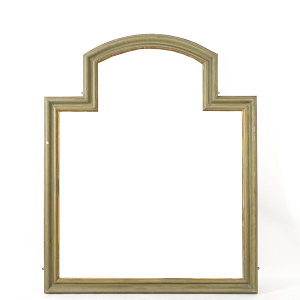 A LARGE MODERN GREEN PAINTED HARDWOOD ARCH TOP MIRROR