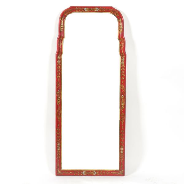 A QUEEN ANNE STYLE RED LACQUER CHINOISERIE DECORATED ARCH TOPPED MIRROR