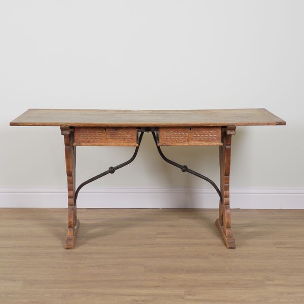 A 19TH CENTURY AND LATER SPANISH WALNUT TOPPED SIDE TABLE