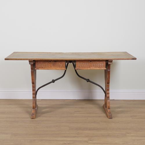 A 19TH CENTURY AND LATER SPANISH WALNUT TOPPED SIDE TABLE