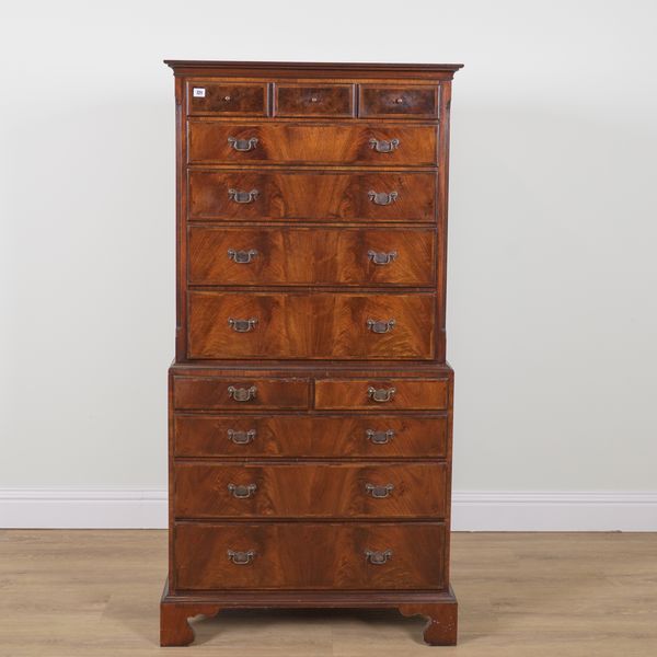 A GEORGE I STYLE WALNUT TWELVE DRAWER CHEST ON CHEST