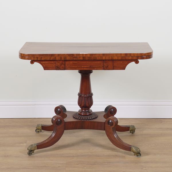 A GEORGE III KINGWOOD INLAID MAHOGANY ROUNDED RECTANGULAR FOLDOVER CARD TABLE