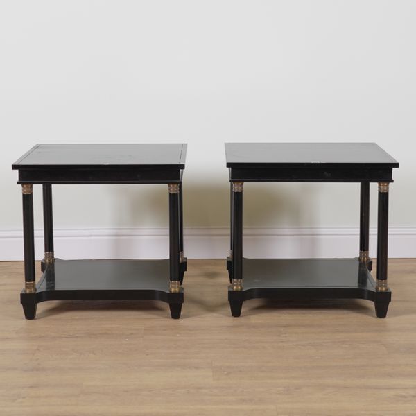 CENTURY FURNITURE INDUSTRIES;  A PAIR OF EMPIRE STYLE GILT METAL MOUNTED EBONISED SQUARE TWO TIER OCCASIONAL TABLES (2)