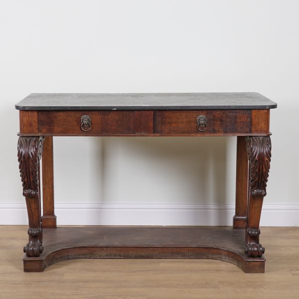 A VICTORIAN OAK SLATE TOPPED TWO DRAWER CONSOLE TABLE