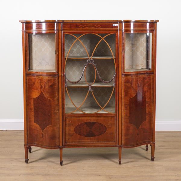 AN EDWARDIAN INLAID MAHOGANY DOUBLE BOWFRONT DISPLAY CABINET