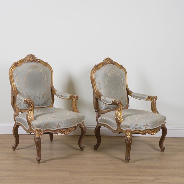 A PAIR OF GEORGE II STYLE GILT FRAMED OPEN ARMCHAIRS (2)