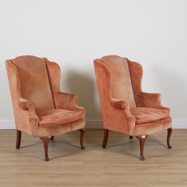 A PAIR OF QUEEN ANNE STYLE WINGBACK ARMCHAIRS (2)