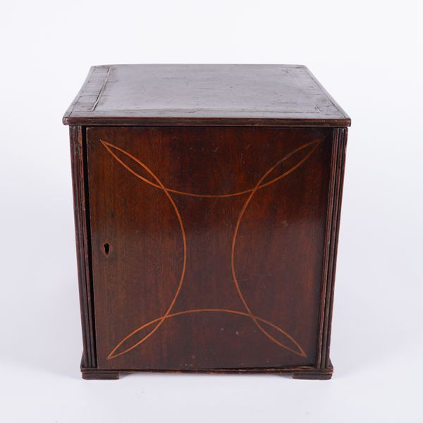 A 19TH CENTURY INLAID MAHOGANY AND OAK SPICE CUPBOARD