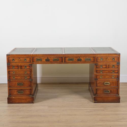 A CAMPAIGN STYLE MAHOGANY PEDESTAL DESK