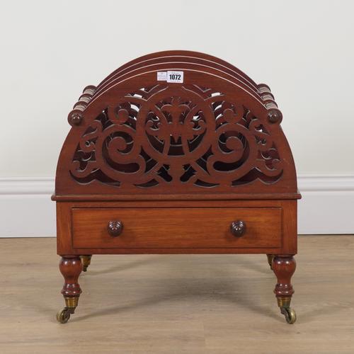 A VICTORIAN MAHOGANY FRET CARVED THREE DIVISION CANTERBURY