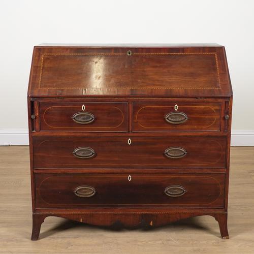 AN 18TH CENTURY MAHOGANY CHEQUER STRUNG INLAID BUREAU