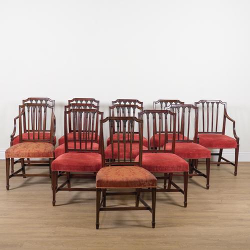 A SET OF TWELVE MAHOGANY FRAMED STICKBACK DINING CHAIRS (12)